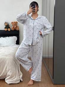 SHEIN Casual Woman Apricot Striped Plus Size Pajama Set Long Sleeve Lapel Button Front Long Pant Sets Woven Fabric - Apricot - View 4
