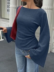 Elenzga Áo len dệt kim họa tiết hoa dáng rộng cỡ tiêu chuẩn dành cho nữ, cổ rộng, vai trễ và tay loe, mùa thu/đông - Màu xanh hải quân - Xem 3