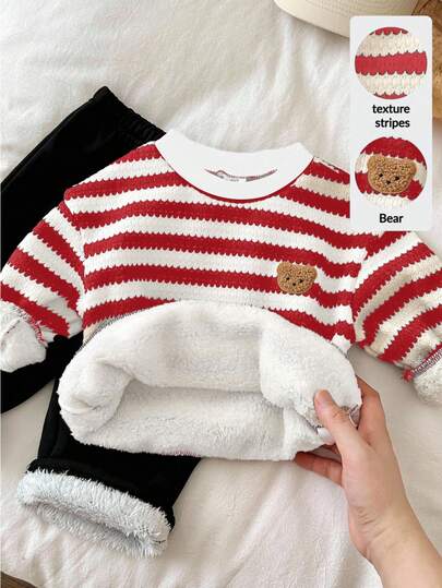 LMoss Kids 男婴条纹圆领卫衣长裤两件套，保暖加厚，秋冬季