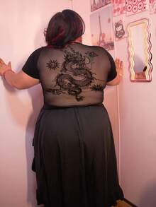 Enliva Karlangas.Toledo Plus Size Women Solid Color Short Sleeve Chinese Dragon Net Mesh Backless Y2K Going Out Fall Graphics Woman Black T-Shirt, For Apple Rounded Body Shape - Black - View 2