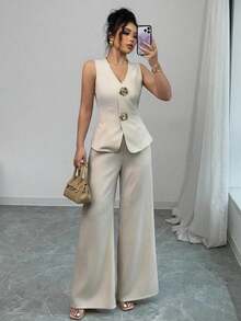 Rafferiza Bộ 2 áo vest cổ chữ V trơn và quần ống rộng thường ngày - Màu Xám nhạt - Xem 3