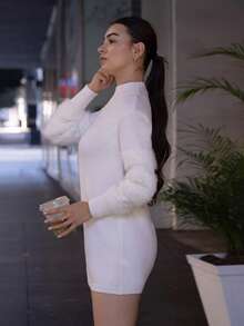 Andrea Bello 女士休闲纯色立领蓬松针织面板白色毛衣连衣裙，不含腰带 - 白色 - 查看 6