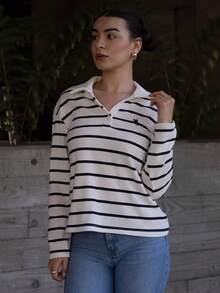 Andrea Bello 条纹休闲宽松日常百搭长袖女式T恤 - 黑與白 - 查看 4