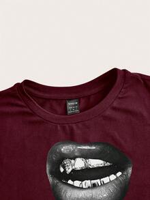 SHEIN ICON Lässiges, simples schwarzes Lippen-Muster Rundhals Kurzarm Crop Top für Damen, Sommer Rückkehr zur Schule Kleidung