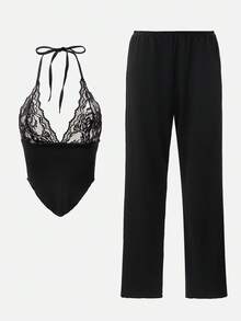 SHEIN Sexy Lace Blouse & Flare Pants Women Pajama Set - Black - View 5