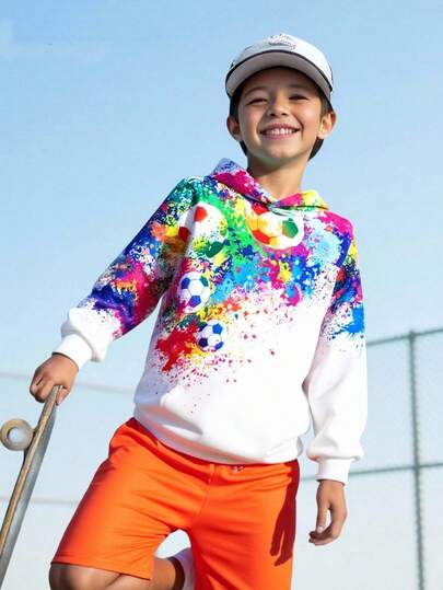 SHEIN Fantacosmos Tween Boy Casual Street Graffiti Football Print Hoodie Chic Outfits For Autumn/Winter