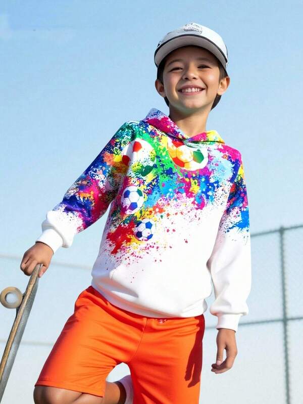 SHEIN Fantacosmos 青少年男孩休闲街头涂鸦足球印花连帽衫