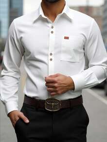 Manfinity Nomadique Men's Long Sleeve Single-Breasted Pocket Casual White Contrast Fabric Shirt Men White Long Sleeve Shirt White Collar Shirt Mens White Shirt Blouses For Men White Dress Shirt Men - White - View 1