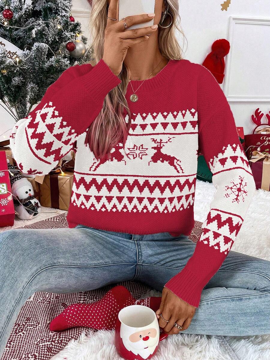 SHEIN LUNE Casual Loose Fit Crew Neck Long Sleeve Pullover Sweater For Women - Multicolor - View 1