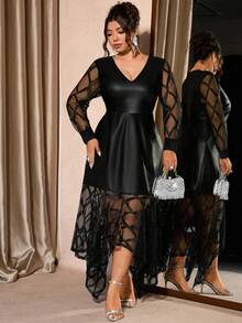 Cravure Plus Size Women Elegant Asymmetric Hem Party Dress With PU Leather & Mesh Panels - Black - View 7