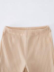 Sparklyn Girls' Apricot Ribbed Knit Asymmetric Hem Bell Sleeve Off Shoulder T-Shirt Set, Includes 1 T-Shirt And 1 Flared Pants, Comfortable And Versatile For Autumn - Apricot - View 8