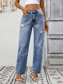 EMERY ROSE Quần jeans ống côn rách rách thường ngày - Rửa trung bình - Xem 6