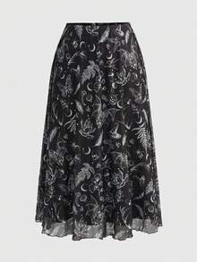 ROMWE Grunge Punk Women's Dark Gothic Mysterious Witch Bat Skeleton Print A-Line Punk Skirt - Black - View 1
