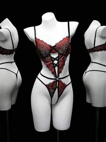 SHEIN Women's Lace Criss-Cross Hollow-Out Underwire Bodysuit, Baddie Look - Red - View 1