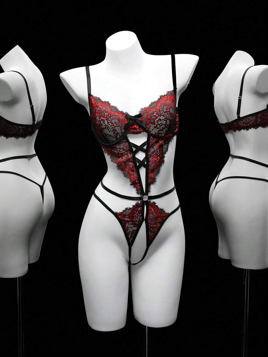 SHEIN Women's Lace Criss-Cross Hollow-Out Underwire Bodysuit, Baddie Look - Red - View 1