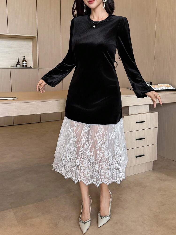 Women's Elegant Commuter Color Block Lace Patchwork Dress