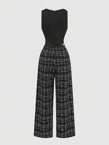 少女连体衣和连身裤 海军蓝褶皱阔腿宽松连身裤配腰带，休闲风格 - 黑色 - 查看 2