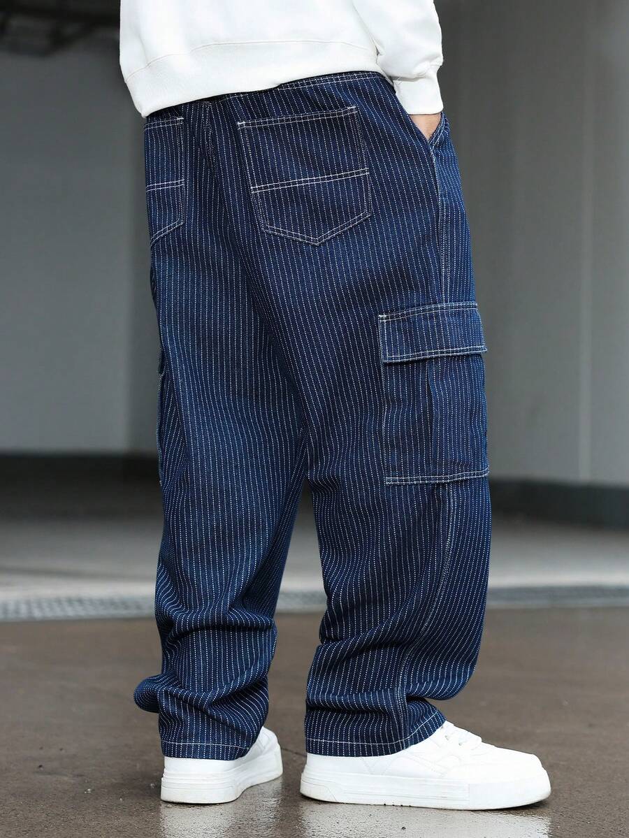 Manfinity EMRG Men's Casual Streetwear Multi-Pocket Vertical Striped Blue Denim Jeans - Dark Wash - View 1