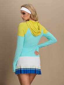 SHEIN Unity 女士撞色抽绳连帽半拉链长袖休闲日常运动卫衣 - 藍色 - 查看 2