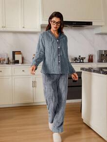 Doze Lane 女士毛绒提花撞色开衫和裤子睡衣套装 - 彩色 - 查看 6