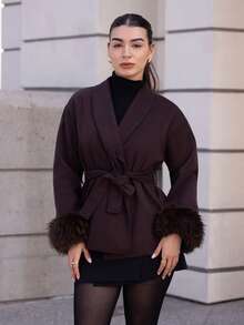 Andrea Bello Fashionable Fuzzy Cuff Coffee Color Overcoat, Autumn/Winter,Fall - Coffee Brown - View 1
