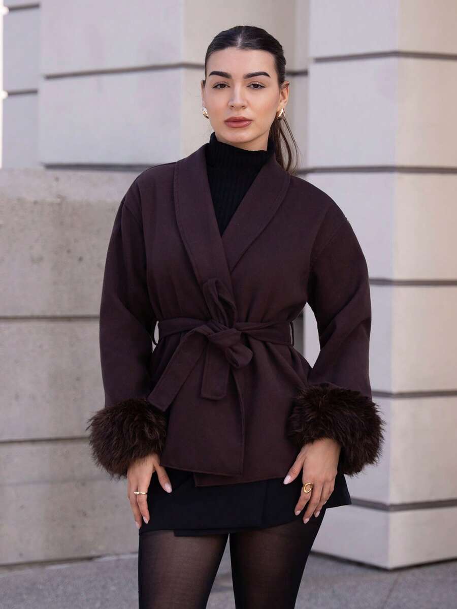 Andrea Bello Fashionable Fuzzy Cuff Coffee Color Overcoat, Autumn/Winter,Fall - Coffee Brown - View 1