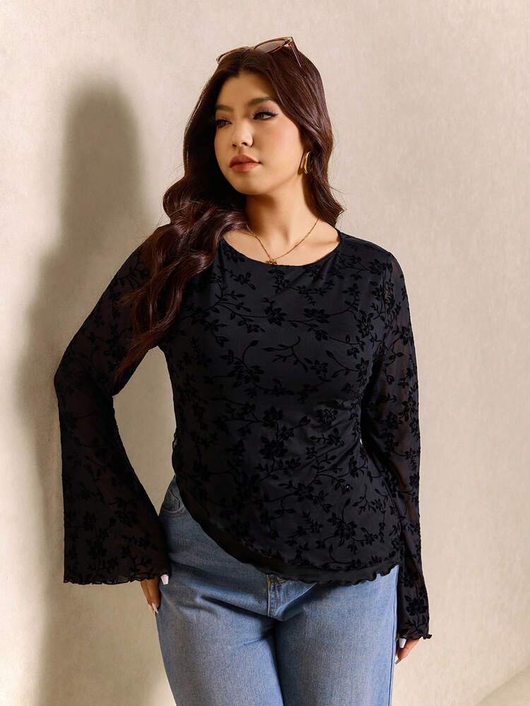 Elaquor 大码女式休闲喇叭袖黑色T恤 - 黑色 - 查看 7