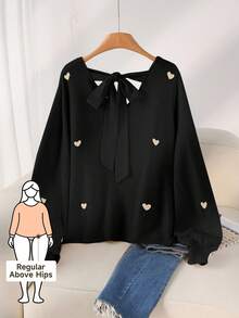 CosyJoli Maglione casual scollo a V beige con motivo a cuori e schiena scoperta, taglie comode - nero - Visualizzare 2