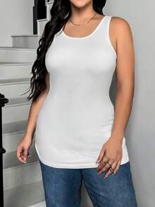 SHEIN Essnce 大码女式纯色圆领修身休闲背心 - 酒紅色 - 查看 7