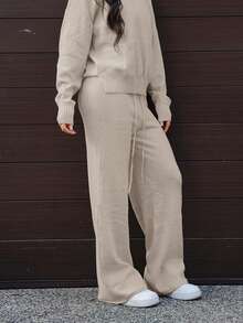 SAYEHFBABY Drop Shoulder Sweater & Drawstring Waist Knit Pants, 2 Pieces Sweater Set Fall Winter Cloth For Women - Olive Green - View 3