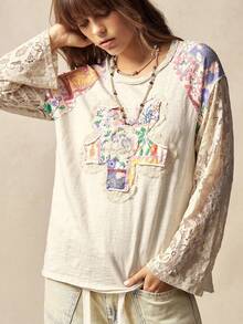 Bohemela Áo thun nữ Boho Thu/Đông/Xuân kiểu vintage, chất liệu dệt kim trơn màu phối ren hoa văn Paisley, cổ tròn, tay dài, dáng rộng, thích hợp cho kỳ nghỉ, đi xem hòa nhạc, đi nghỉ mát, đi học, Giáng sinh và Năm mới. - Màu be - Xem 6