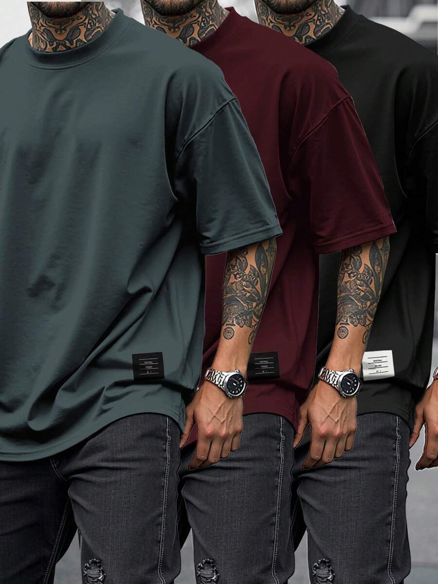 Manfinity Homme Bộ 3 áo thun nam tay ngắn màu trơn thường ngày mùa hè - màu đen - Xem 1