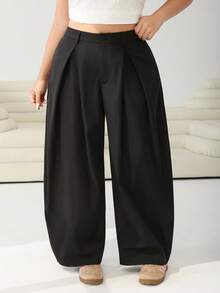 Solflare Vintage Casual Street Style Loose Fit Olive Green Curved Hem Plus Size Pants, Autumn/Winter - Black - View 3