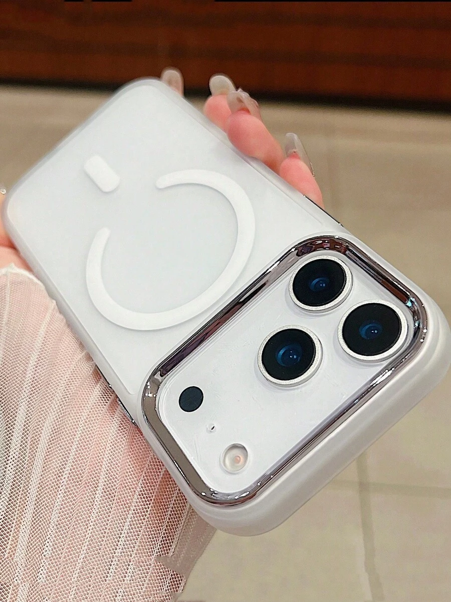 1pc Electroplated Camera Skin Feel Matte Phone Case Compatible With IPhone 17 Pro Max Magnetic Wireless Charge PC Cover - silver white - View 1