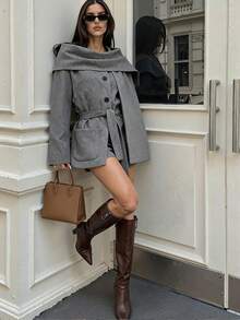 Glamine Women's Grey Woolen Coat With Shawl Collar, Stylish Design, Autumn/Winter - Grey - View 1