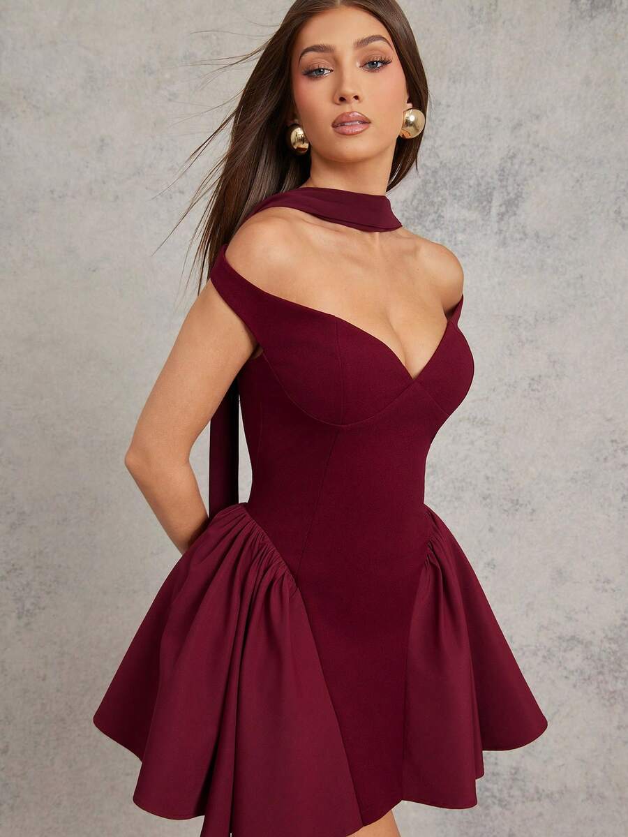 L'Amorae Women OFF SHOULDER CONTRAST FIT AND FLARE MINI DRESS WITH SCARF - Burgundy - View 1