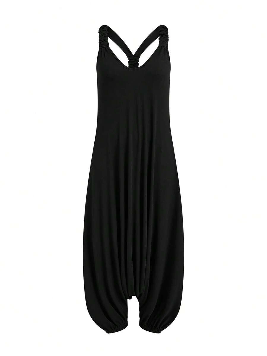 Sweetra CURVE 大码休闲宽松纯色连体裤 - 黑色 - 查看 1