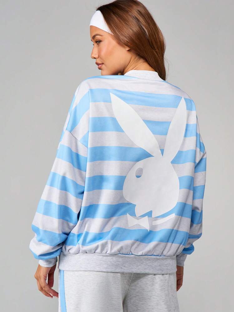 Missguided x Playboy Oversized Striped Long Sleeve Sweatshirt With Centre Pocket Casual Pullover Top Loose Fit Winter Comfort