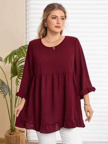 Rosumi 大码女式休闲圆领宽松纯色衬衫，秋季 - 酒紅色 - 查看 1