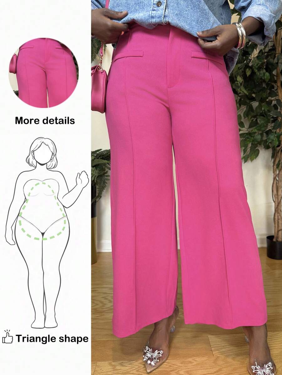 Truni 大码女式纯色阔腿牙签条纹休闲裤 - 玫紅色 - 查看 1