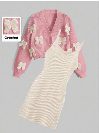 Kawaii Set da donna composto da cardigan lavorato a maglia con fiocco e decorazione, e vestito a sottoveste lavorato a maglia, per l'autunno/inverno