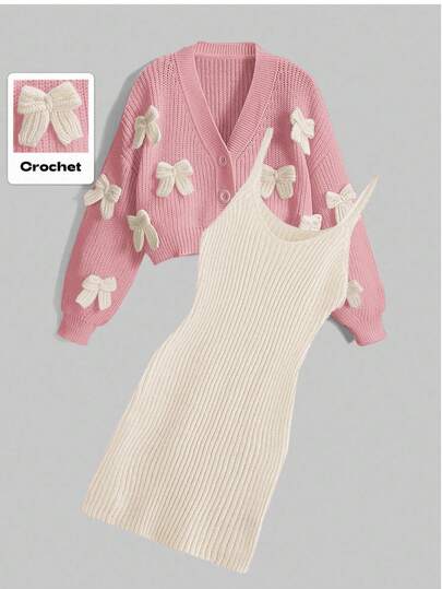 Kawaii Ensemble 2 pièces femme : Cardigan tricoté à manches longues avec nœud décoratif et robe nuisette tricotée pour l'automne/hiver
