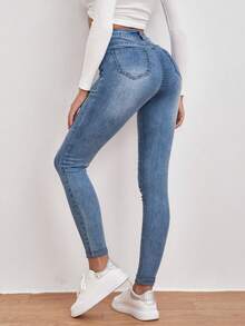 EMERY ROSE Jeans ajustados casuales y versátiles para mujer con bolsillos rasgados - Azul - Ver 2