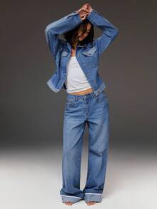 Athîral Denim 女士休闲翻领收腰蓝白撞色牛仔夹克，适合通勤、工作和特殊场合。 - 淺色水洗藍 - 查看 1