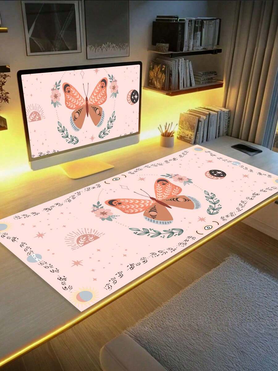1pc Large-Scale Extended Game Mouse Pad With Non-Slip Rubber Base Is Suitable For Office, Computer, Keyboard, Laptop And Home Desk Pad (Pink Butterfly) - Multicolor - View 1