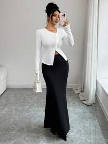 Modelyn Bộ 2 áo dài tay xẻ tà màu tương phản thanh lịch dành cho nữ và chân váy - Đen và trắng - Xem 4
