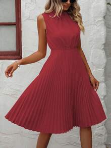 SHEIN PETITE Women's Solid Color Elegant Pleated Sleeveless Waist Dress - Red - View 1