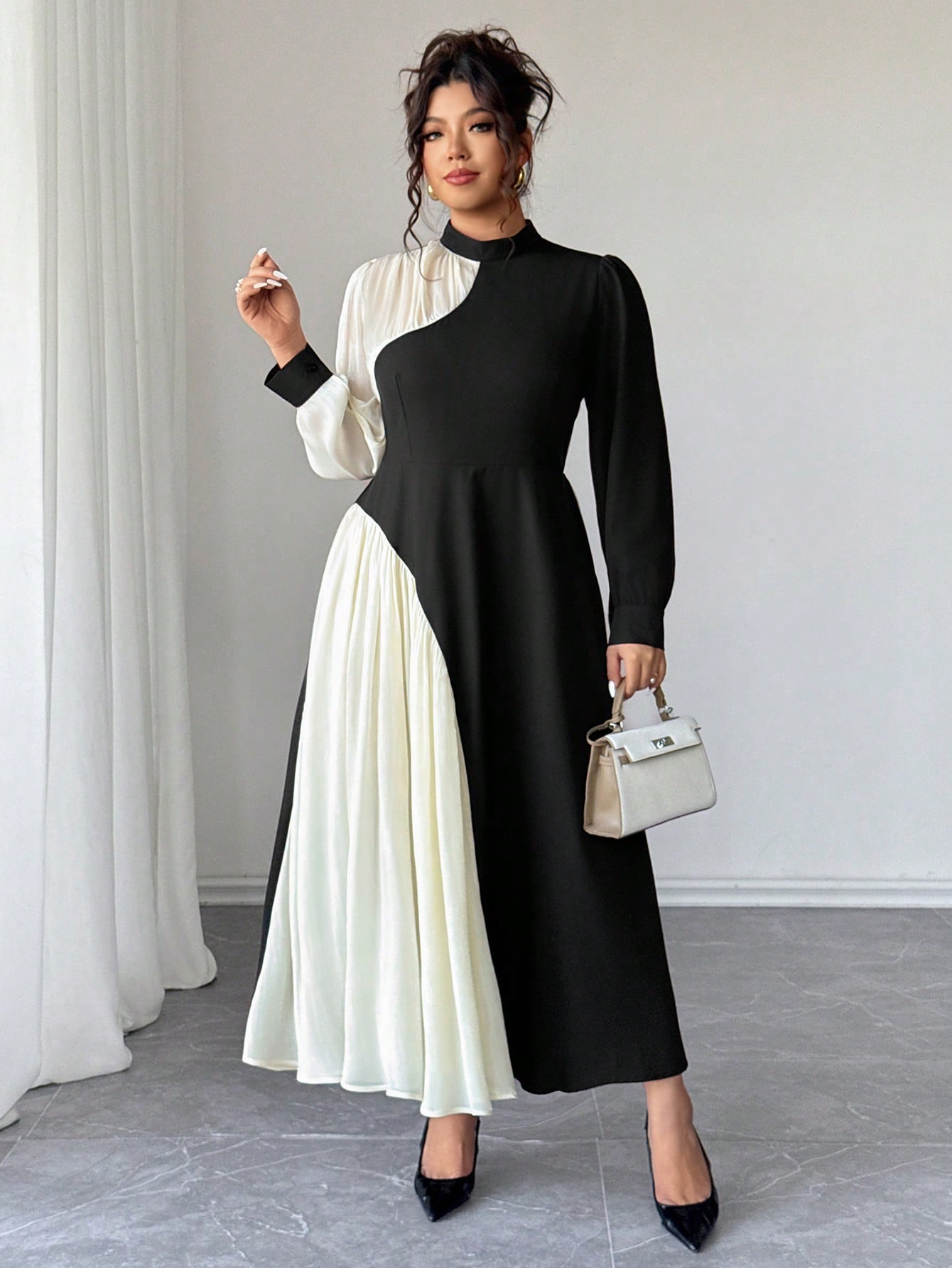 SHEIN Elenzya فستان أنيق طويل الأكمام مجعد بألوان...