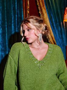 VOLUPTÉ CURVE Nuevo llegado de primavera Conjunto de 2 piezas de talla grande elegante y minimalista con cuello en V verde, decoración de perlas falsas, manga larga holgada, cómodo y versátil para uso casual, adecuado para ir al trabajo, fiestas, best seller - Verde - Ver 3
