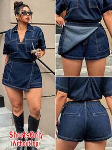 SHEIN ICON Quần denim ngắn thường ngày có túi viền bất đối xứng cho nữ cỡ lớn - Rửa tối - Xem 1
